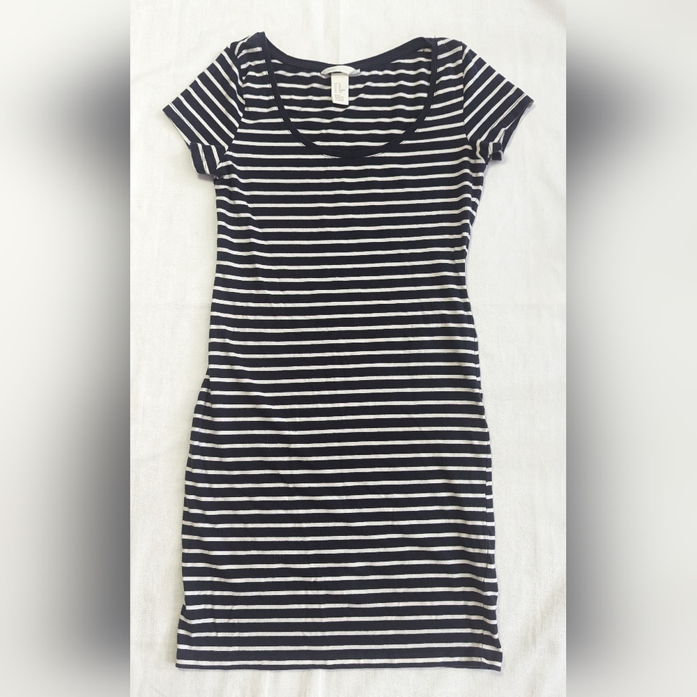 H&M Striped Bodycon Mini Dress Navy Blue White Stretch SIZE XS